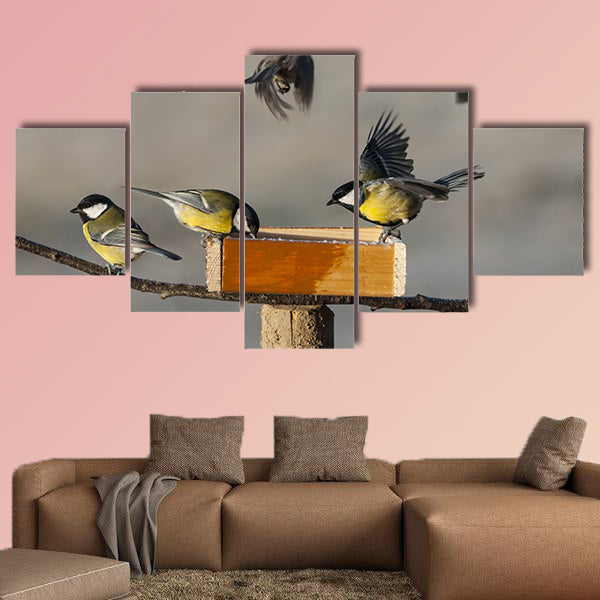 Titmouse birds eating seed from bird feeder multi panel canvas wall art