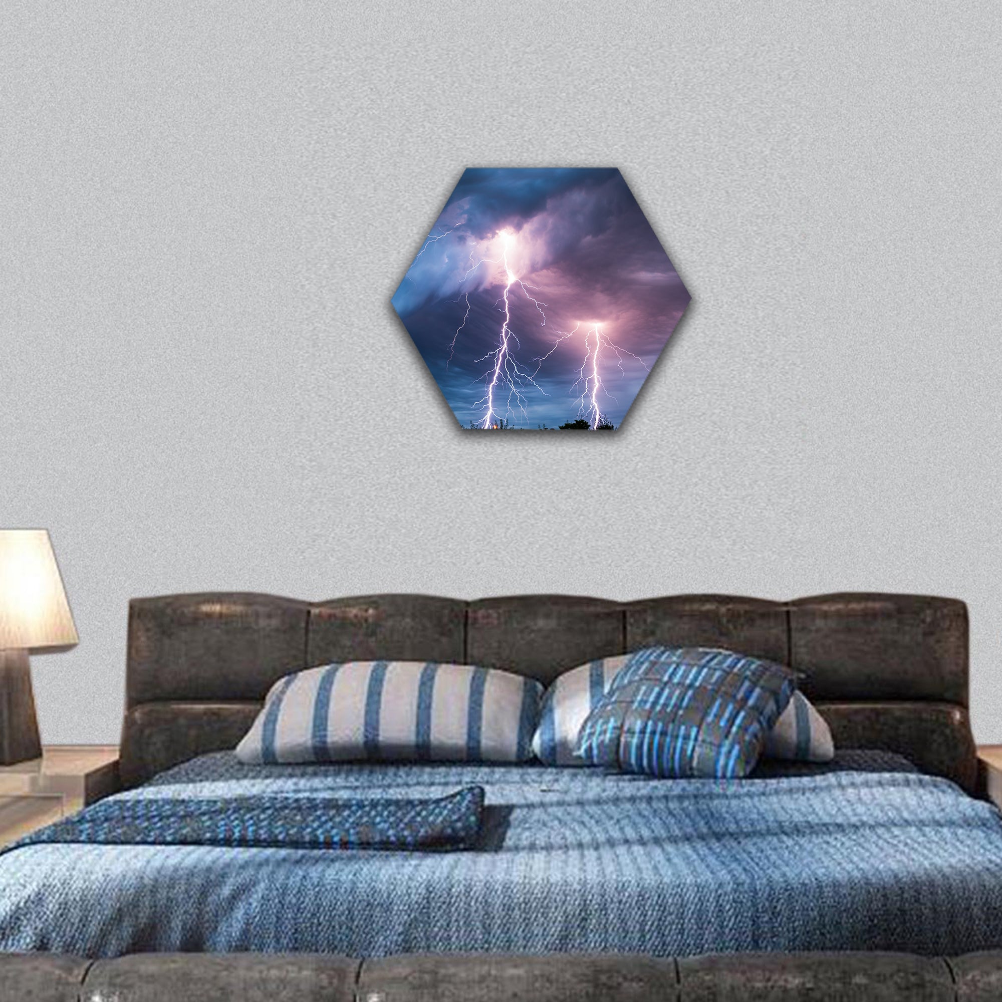 Clouds and thunder lightnings and storm hexagonal canvas wall art
