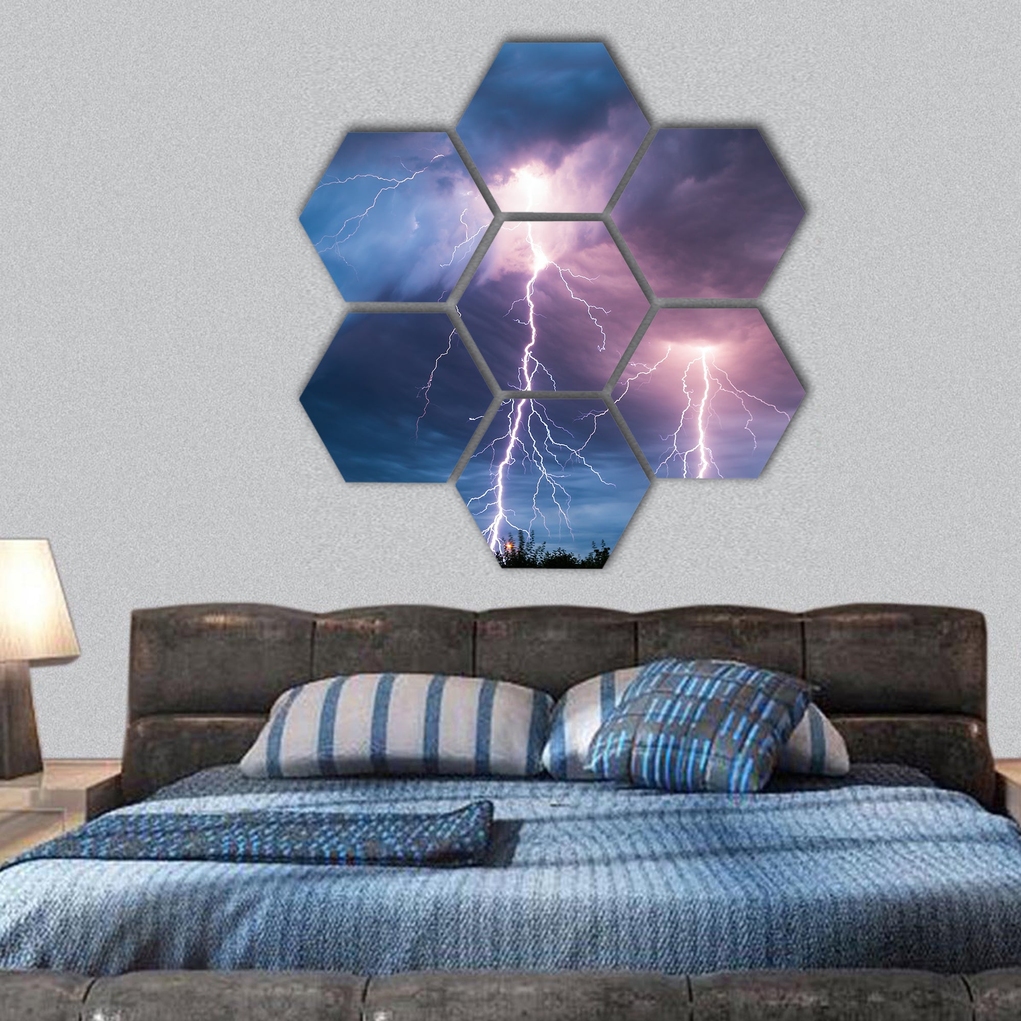 Clouds and thunder lightnings and storm hexagonal canvas wall art