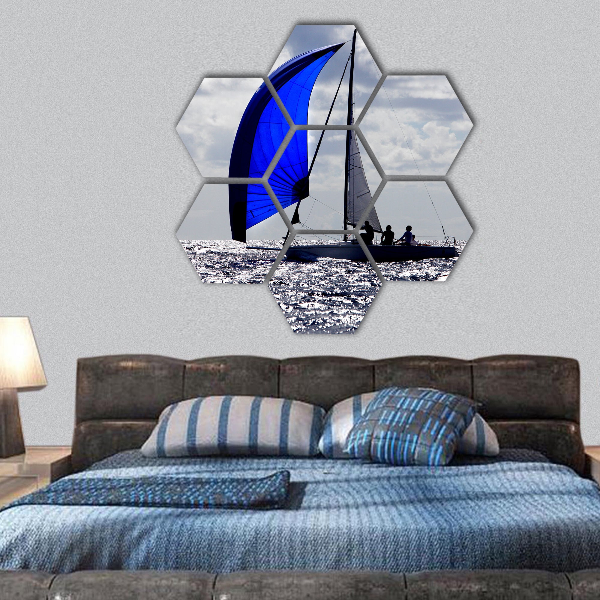 boats with spinnakers open hexagonal canvas wall art