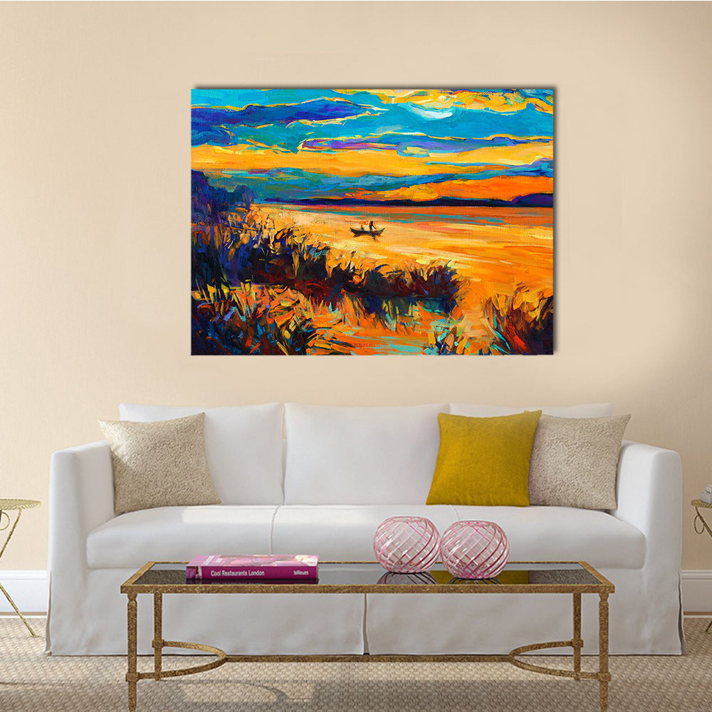 An Original Oil Painting Showing Beautiful Lake With Boat And Sunset Multi Panel Canvas Wall Art