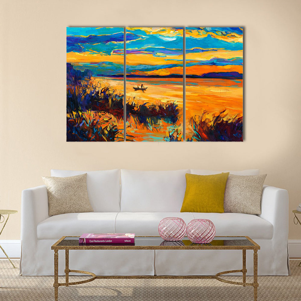 An Original Oil Painting Showing Beautiful Lake With Boat And Sunset Multi Panel Canvas Wall Art