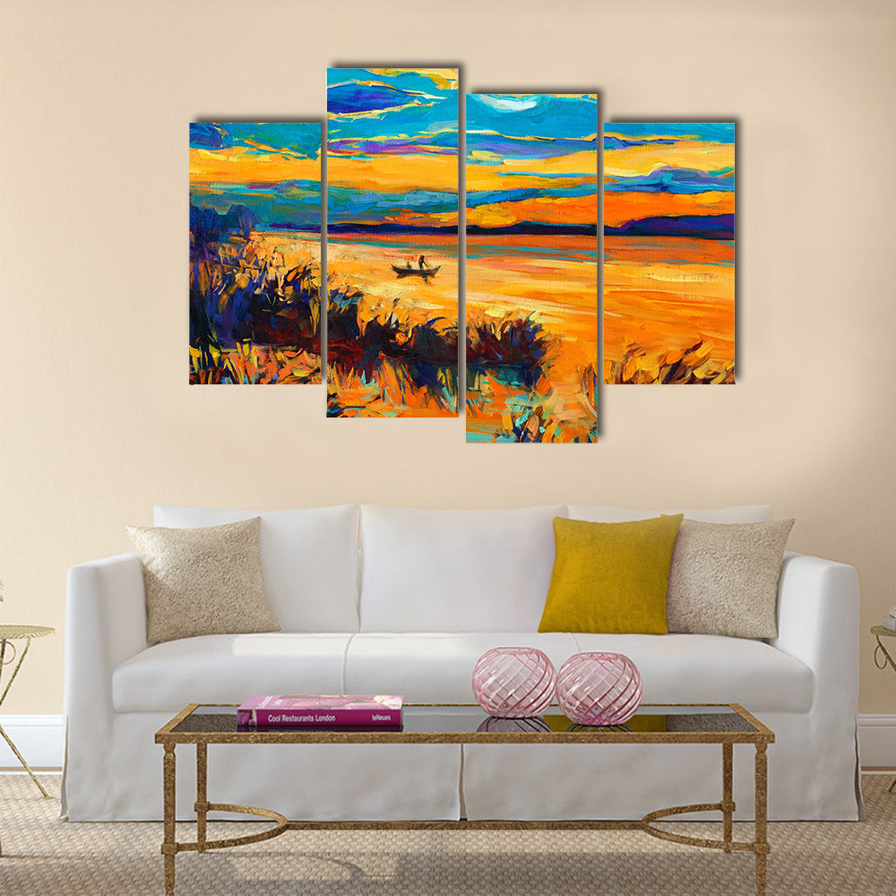 An Original Oil Painting Showing Beautiful Lake With Boat And Sunset Multi Panel Canvas Wall Art
