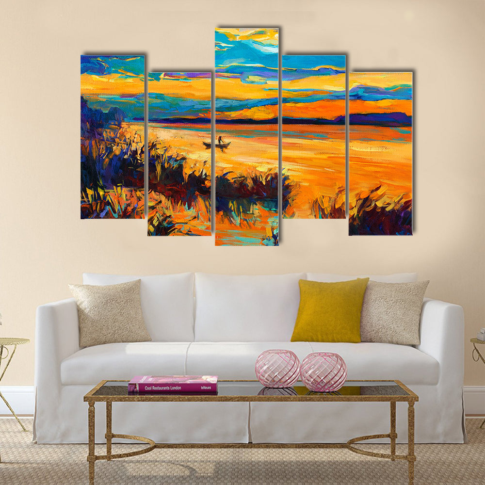 An Original Oil Painting Showing Beautiful Lake With Boat And Sunset Multi Panel Canvas Wall Art