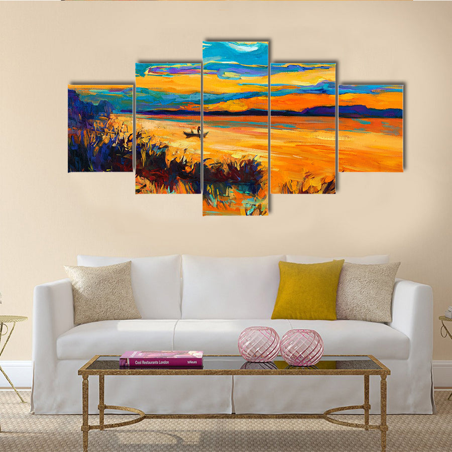 An Original Oil Painting Showing Beautiful Lake With Boat And Sunset Multi Panel Canvas Wall Art