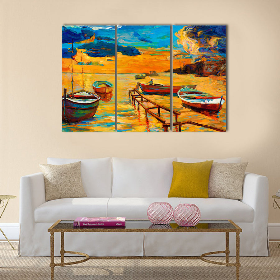 Original oil painting of boat and jetty(pier) on canvas Multi Panel Canvas Wall Art