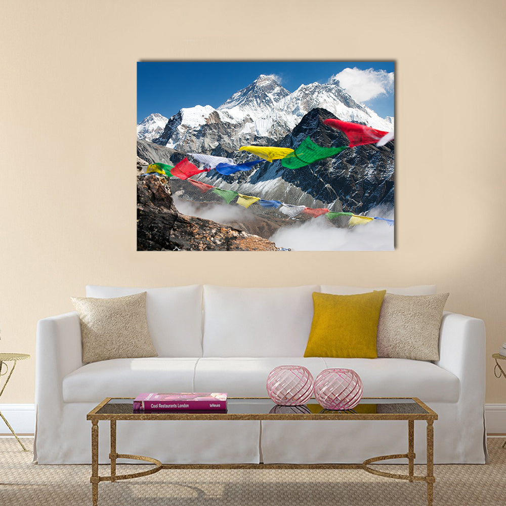 View of everest from gokyo with prayer flags – Nepal Multi panel canvas wall art
