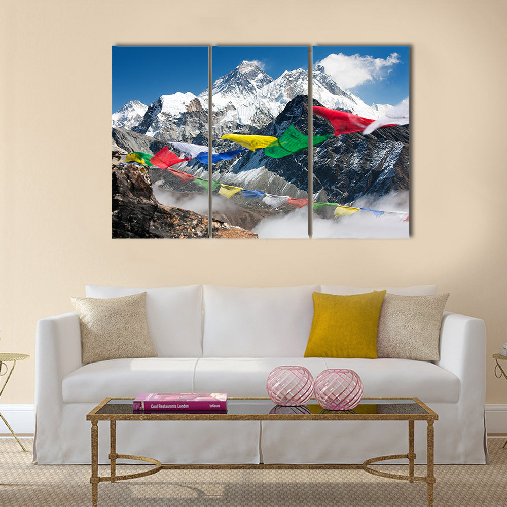 View of everest from gokyo with prayer flags – Nepal Multi panel canvas wall art