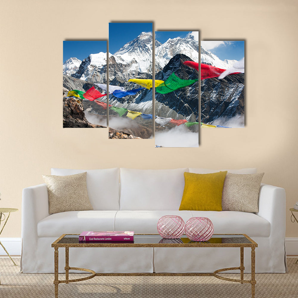 View of everest from gokyo with prayer flags – Nepal Multi panel canvas wall art