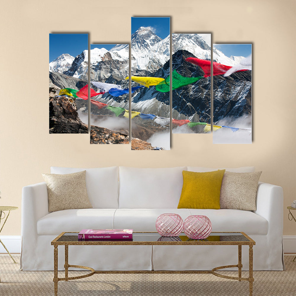 View of everest from gokyo with prayer flags – Nepal Multi panel canvas wall art