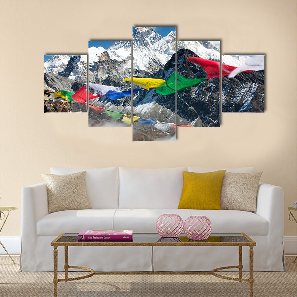View of everest from gokyo with prayer flags – Nepal Multi panel canvas wall art