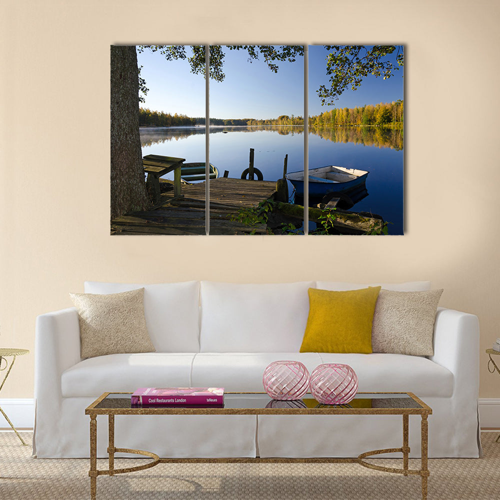 Beautiful scenic view of autumn lake frame Sweden multi panel canvas wall art