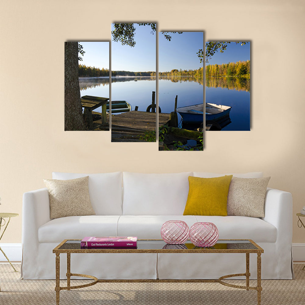 Beautiful scenic view of autumn lake frame Sweden multi panel canvas wall art