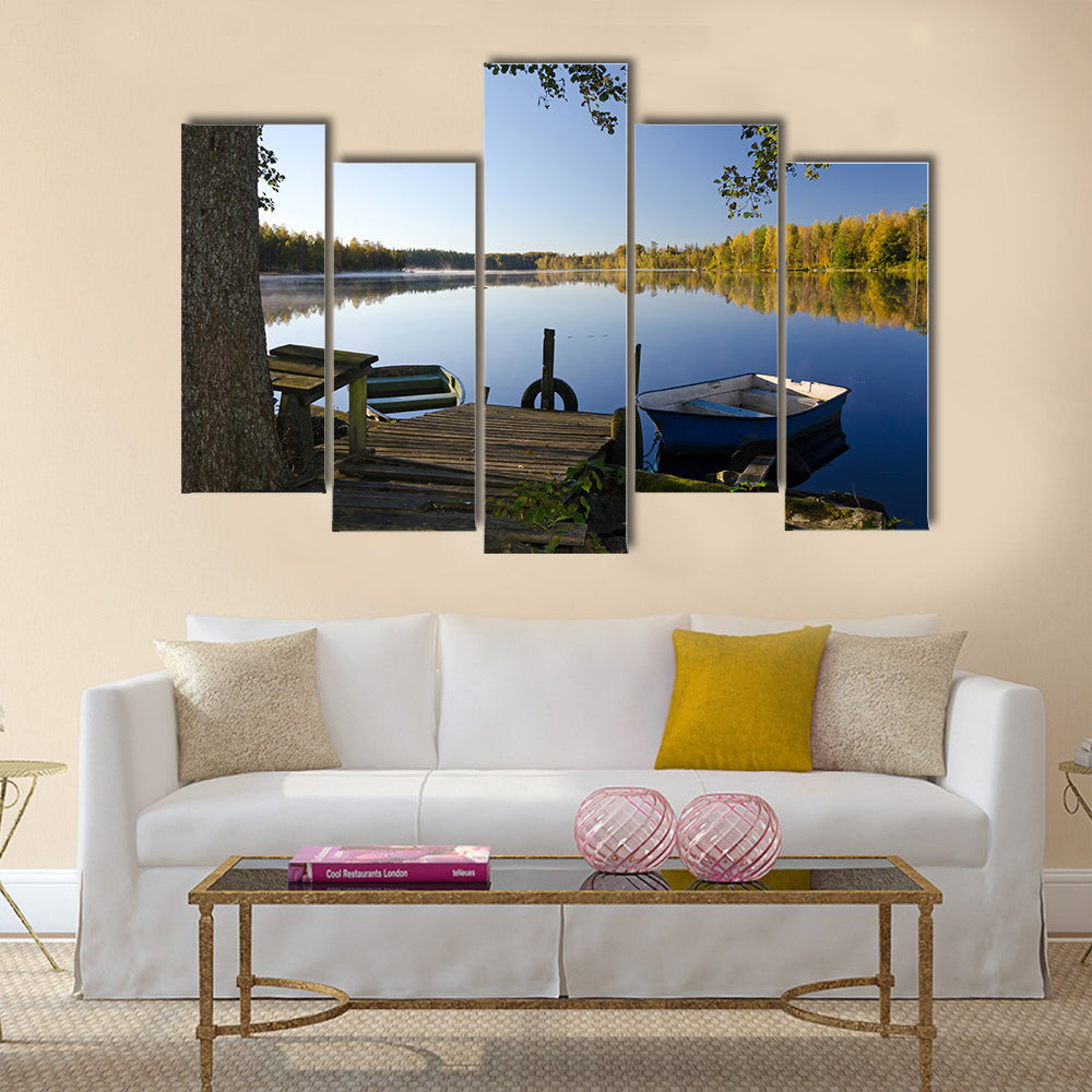 Beautiful scenic view of autumn lake frame Sweden multi panel canvas wall art