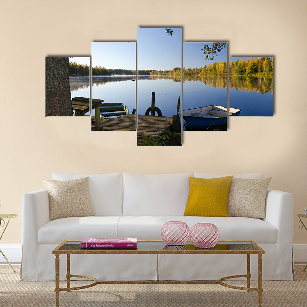 Beautiful scenic view of autumn lake frame Sweden multi panel canvas wall art