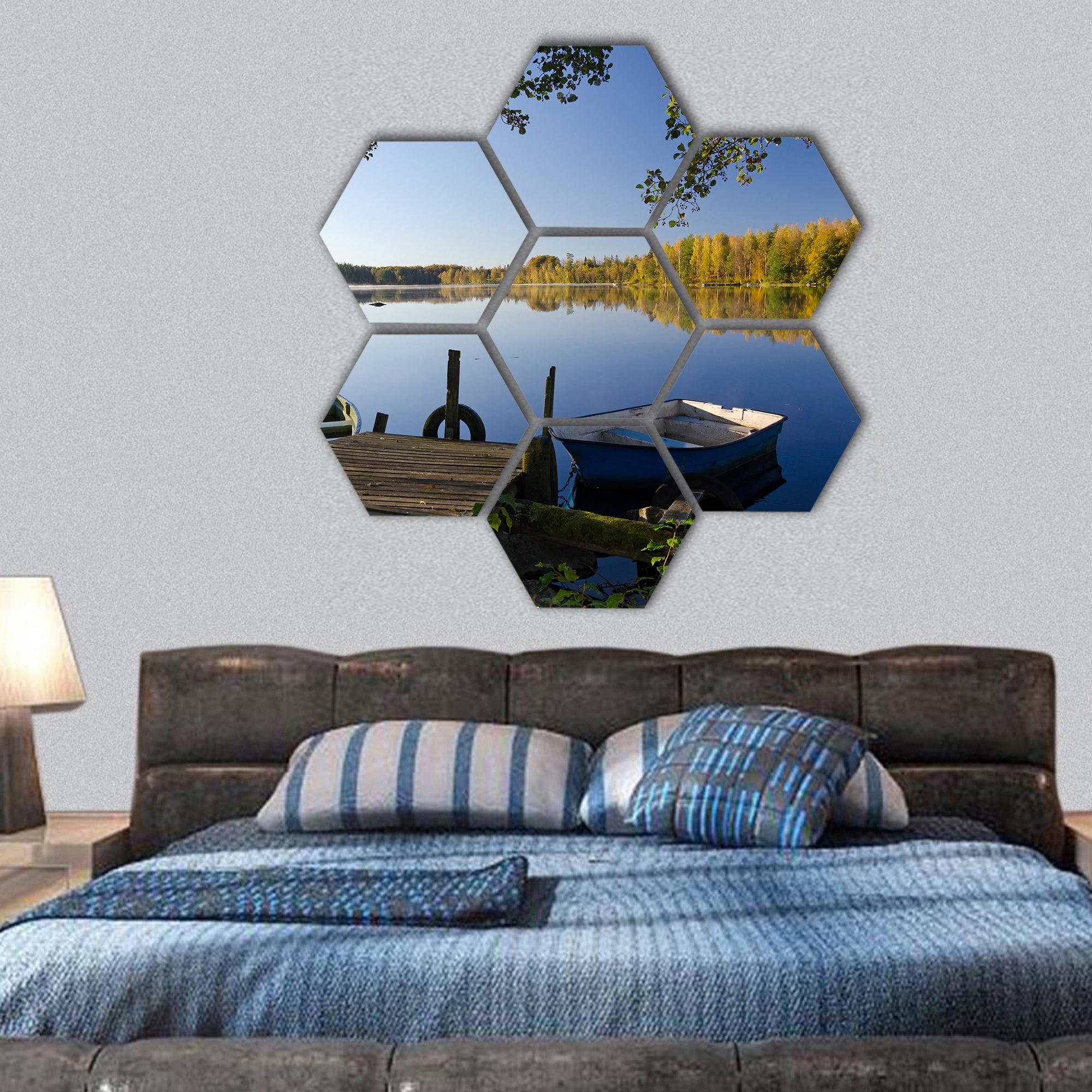 Autumn lake frame hexagonal canvas wall art