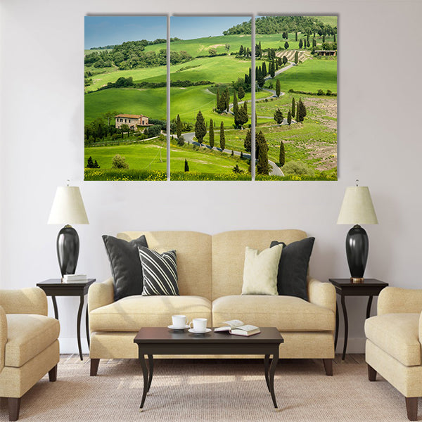 Road with curves and cypresses in Tuscany Multi Panel Canvas Wall Art