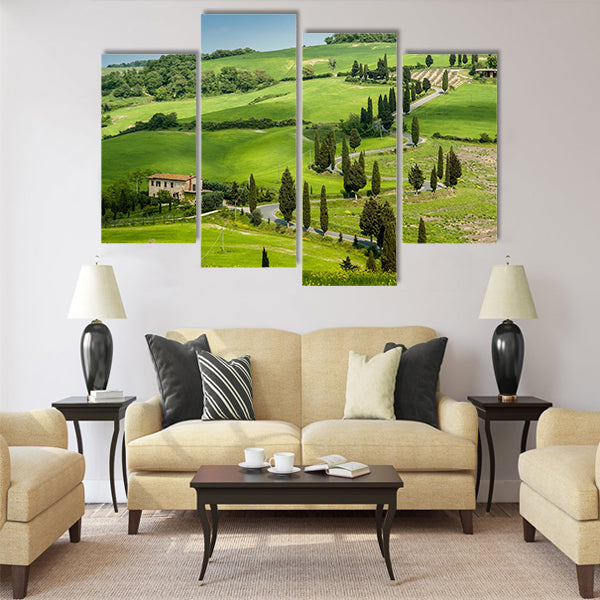 Road with curves and cypresses in Tuscany Multi Panel Canvas Wall Art