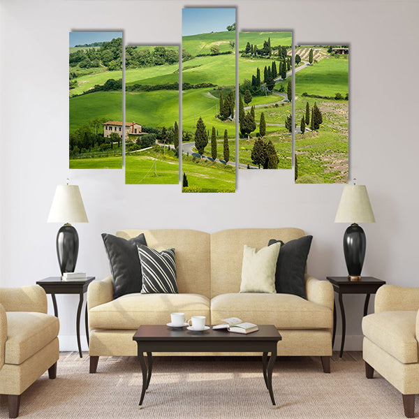 Road with curves and cypresses in Tuscany Multi Panel Canvas Wall Art