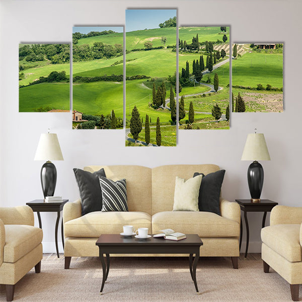 Road with curves and cypresses in Tuscany Multi Panel Canvas Wall Art
