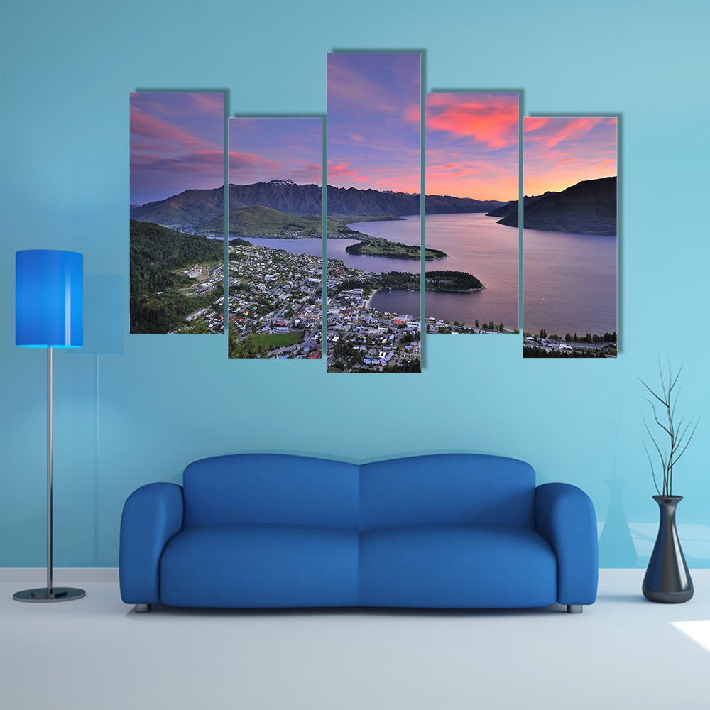 View Of Queenstown New Zealand At Dusk From Skyline Lookout Multi Panel Canvas Wall Art