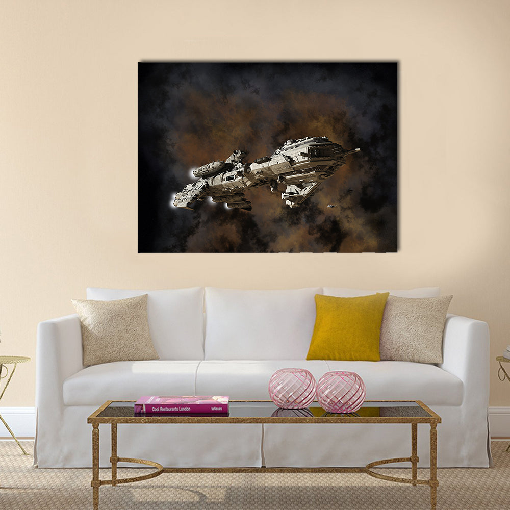 Science fiction scene of futuristic interstellar escort frigate, illustrated nebula Multi Panel Canvas Wall Art