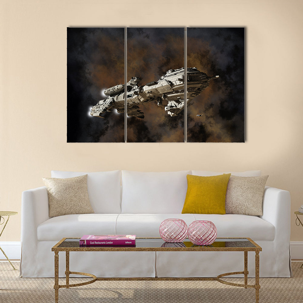 Science fiction scene of futuristic interstellar escort frigate, illustrated nebula Multi Panel Canvas Wall Art