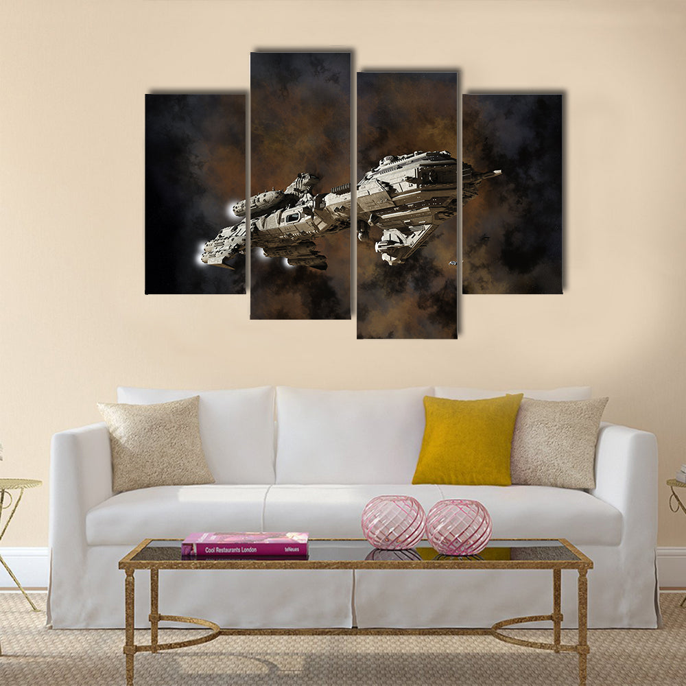 Science fiction scene of futuristic interstellar escort frigate, illustrated nebula Multi Panel Canvas Wall Art