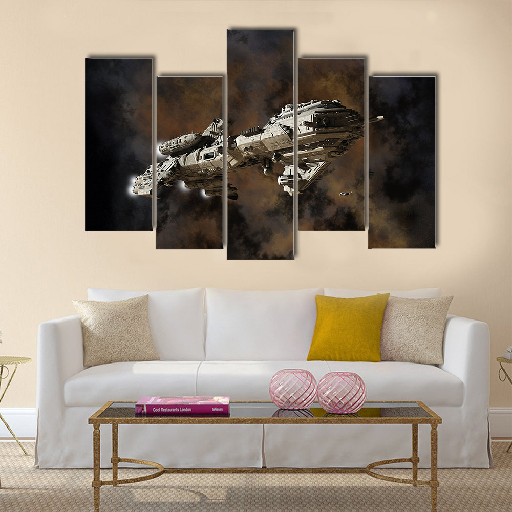 Science fiction scene of futuristic interstellar escort frigate, illustrated nebula Multi Panel Canvas Wall Art