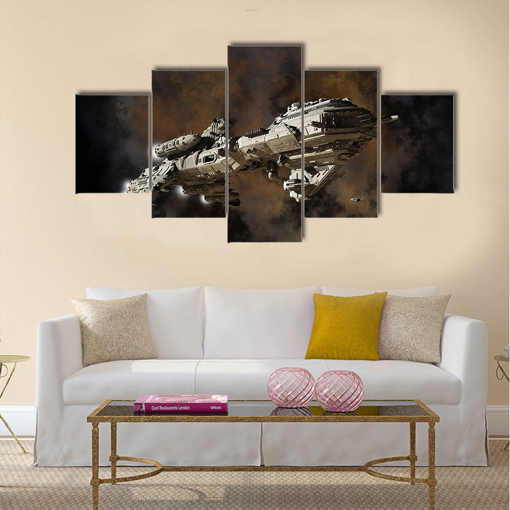 Science fiction scene of futuristic interstellar escort frigate, illustrated nebula Multi Panel Canvas Wall Art