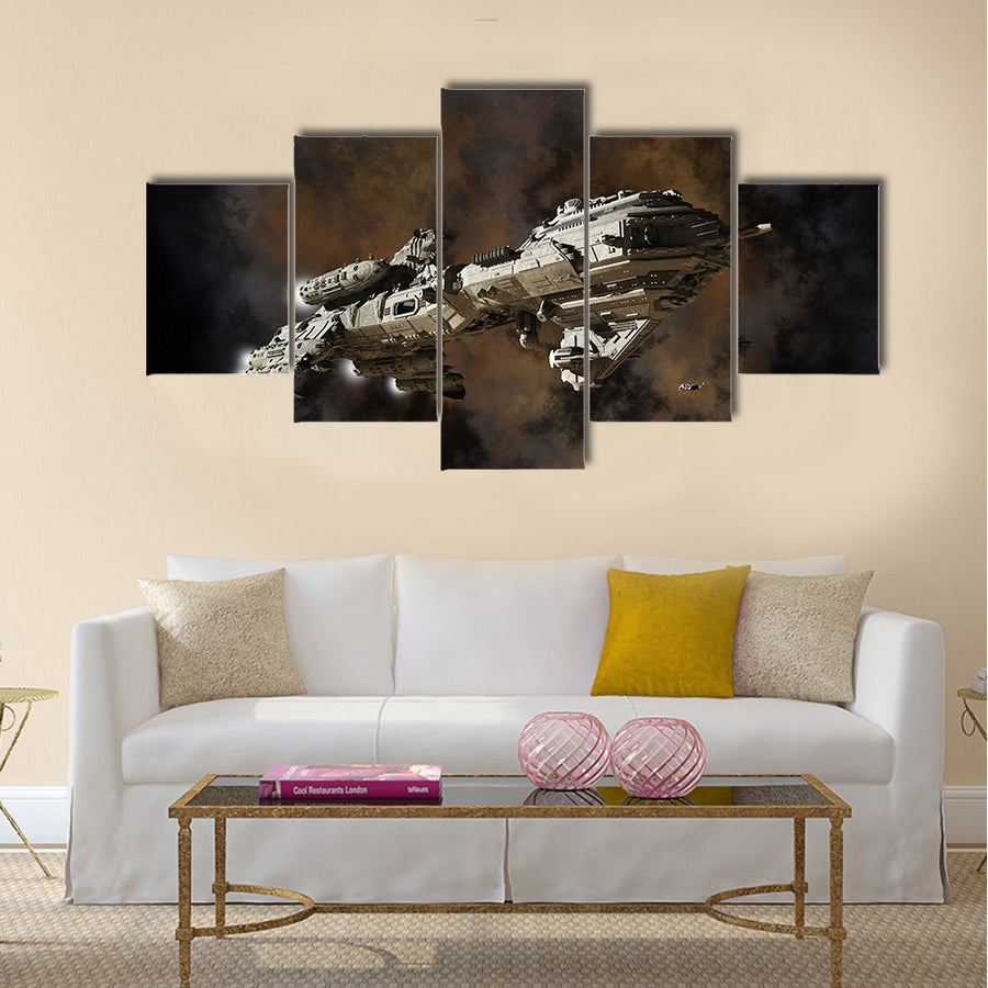 Science fiction scene of futuristic interstellar escort frigate, illustrated nebula Multi Panel Canvas Wall Art