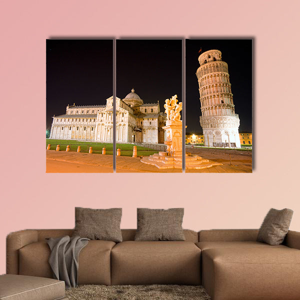 Pisa, Piazza dei miracoli, with the Basilica and the leaning tower at night multi panel canvas wall art