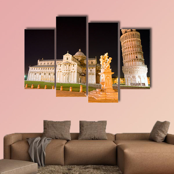 Pisa, Piazza dei miracoli, with the Basilica and the leaning tower at night multi panel canvas wall art