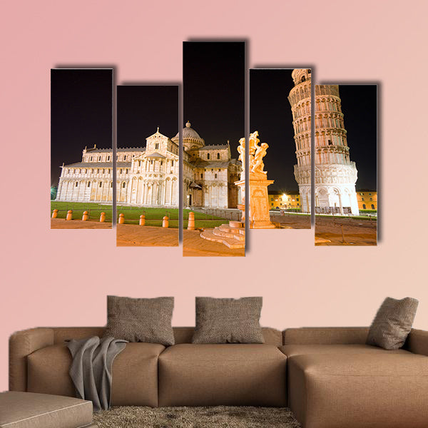 Pisa, Piazza dei miracoli, with the Basilica and the leaning tower at night multi panel canvas wall art