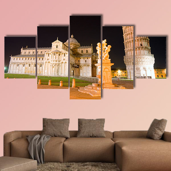Pisa, Piazza dei miracoli, with the Basilica and the leaning tower at night multi panel canvas wall art