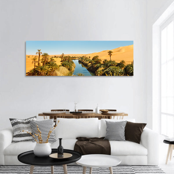 Umm al-Ma Lake Idyllic oasis in Awbari Sand Sea, Sahara, panoramic canvas wall art