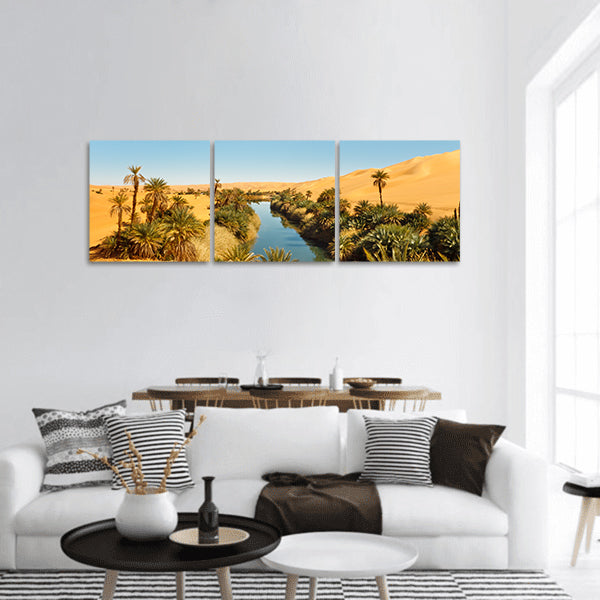 Umm al-Ma Lake Idyllic oasis in Awbari Sand Sea, Sahara, panoramic canvas wall art