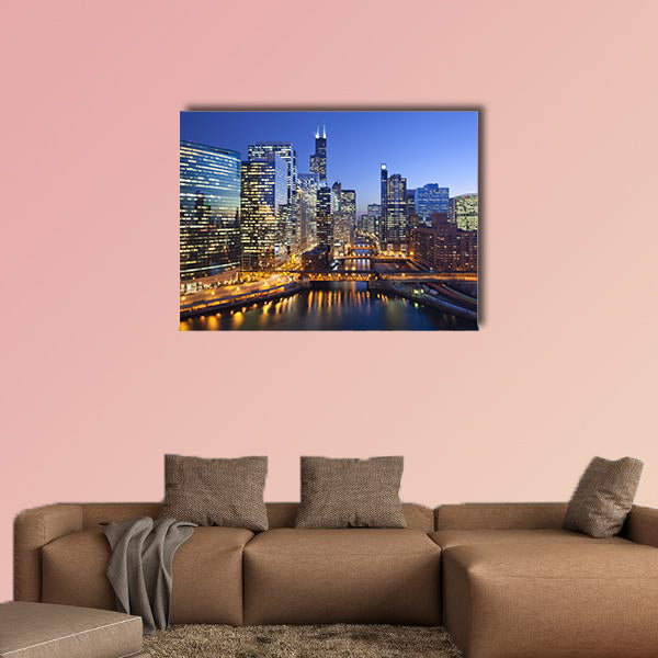 Chicago downtown and Chicago River with bridges during wall art