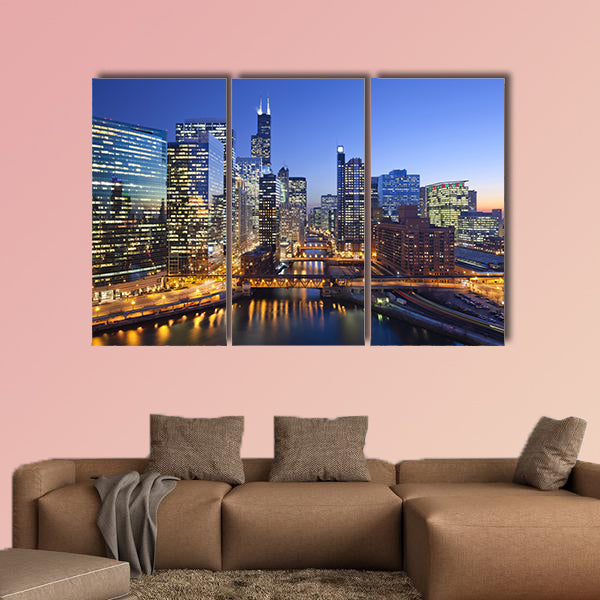 Chicago downtown and Chicago River with bridges during wall art