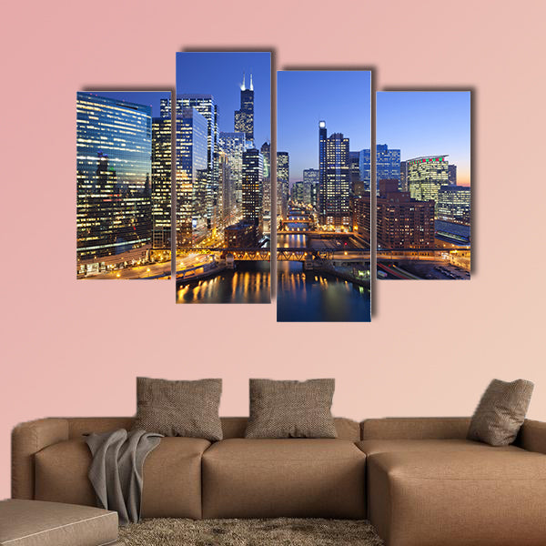 Chicago downtown and Chicago River with bridges during wall art