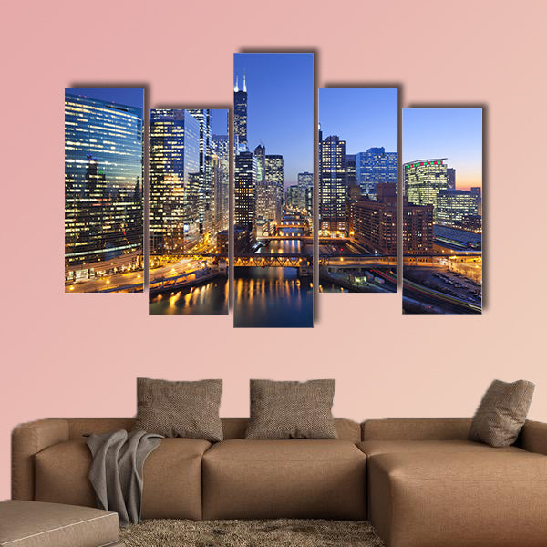 Chicago downtown and Chicago River with bridges during wall art