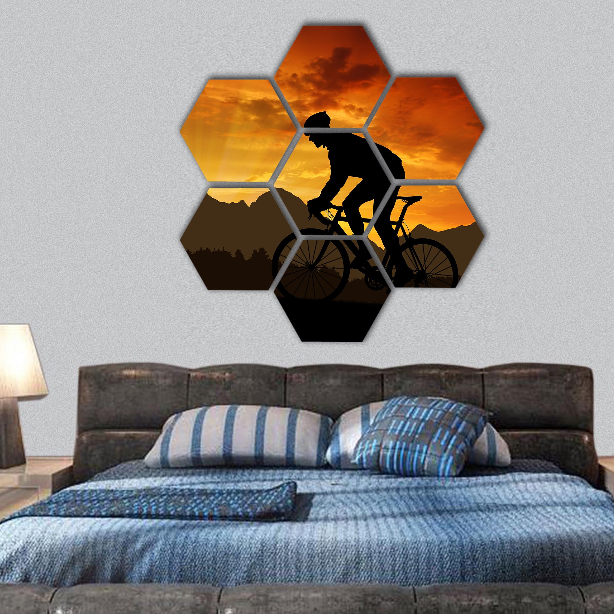 Silhouette of the cyclist riding a road hexagonal canvas wall art
