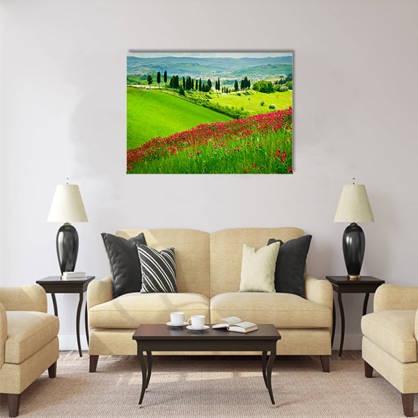Hill covered by red flowers overlooking a road Multi Panel Canvas Wall Art