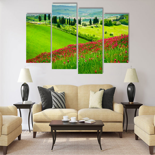 Hill covered by red flowers overlooking a road Multi Panel Canvas Wall Art