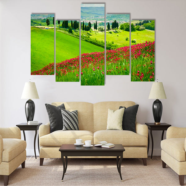 Hill covered by red flowers overlooking a road Multi Panel Canvas Wall Art