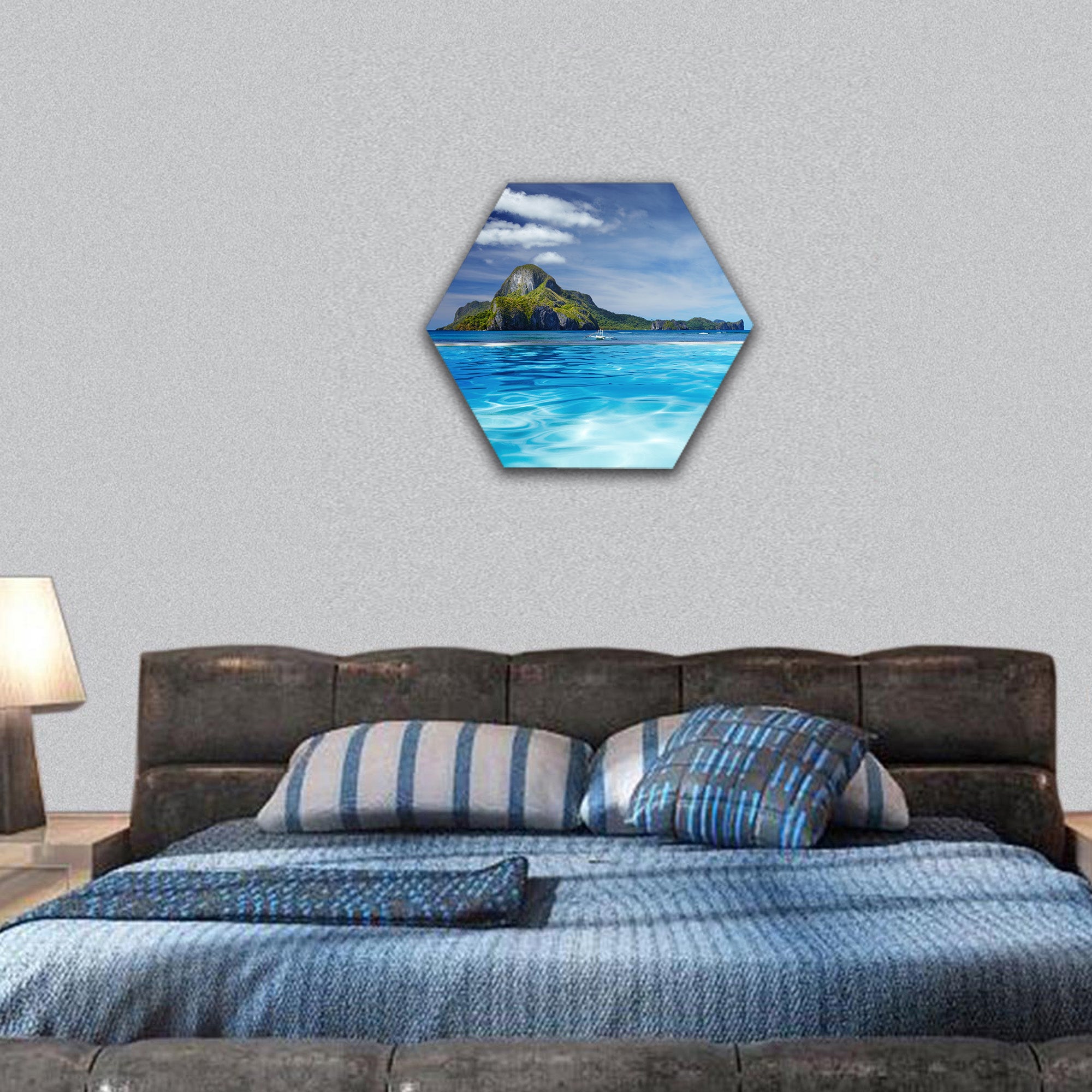 Swimming pool and Cadlao island hexagonal canvas wall art