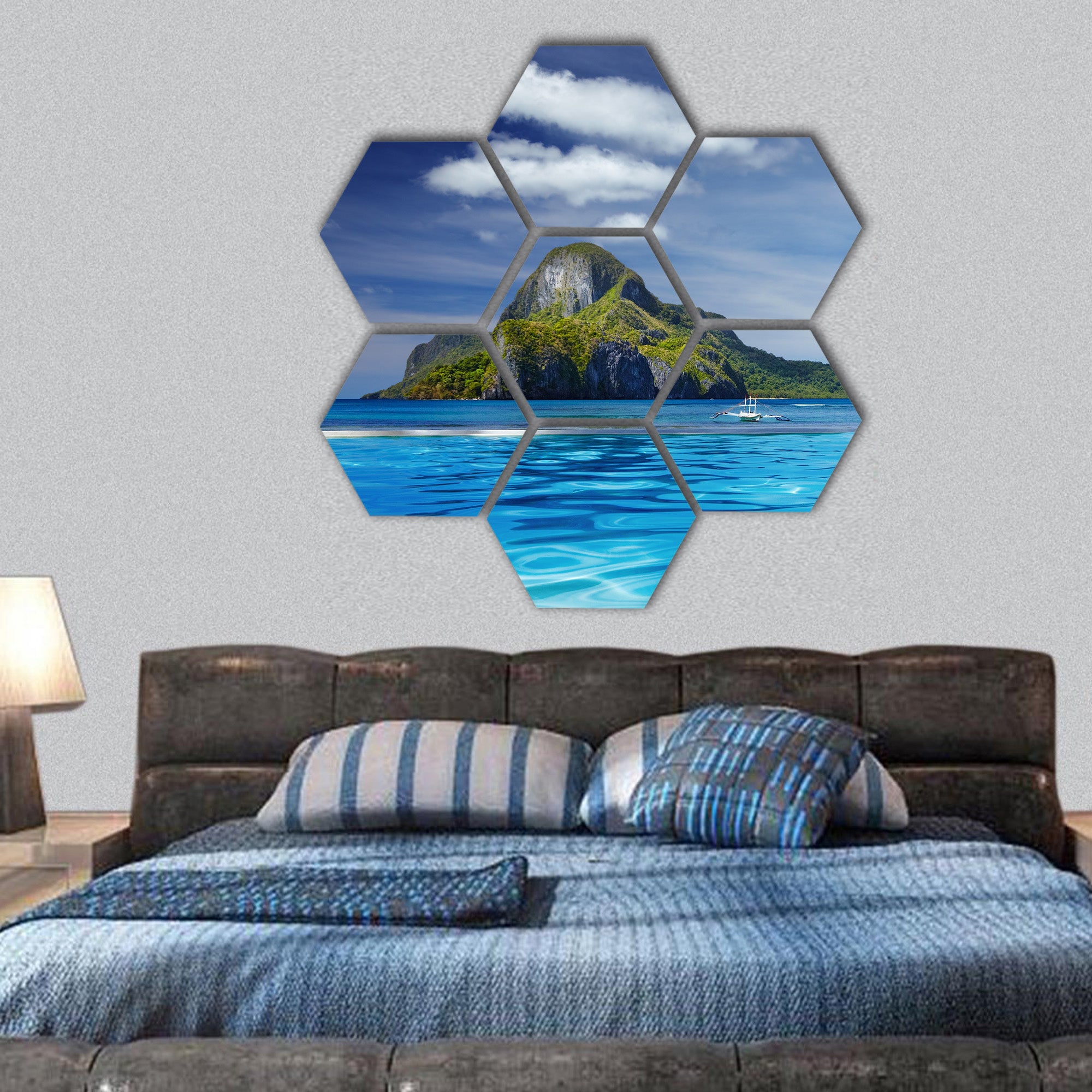 Swimming pool and Cadlao island hexagonal canvas wall art