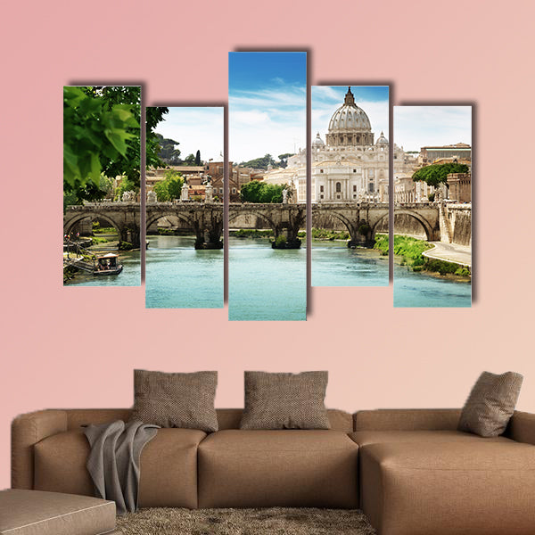 View on Tiber and St Peter Basilica in Vatican multi panel canvas wall art