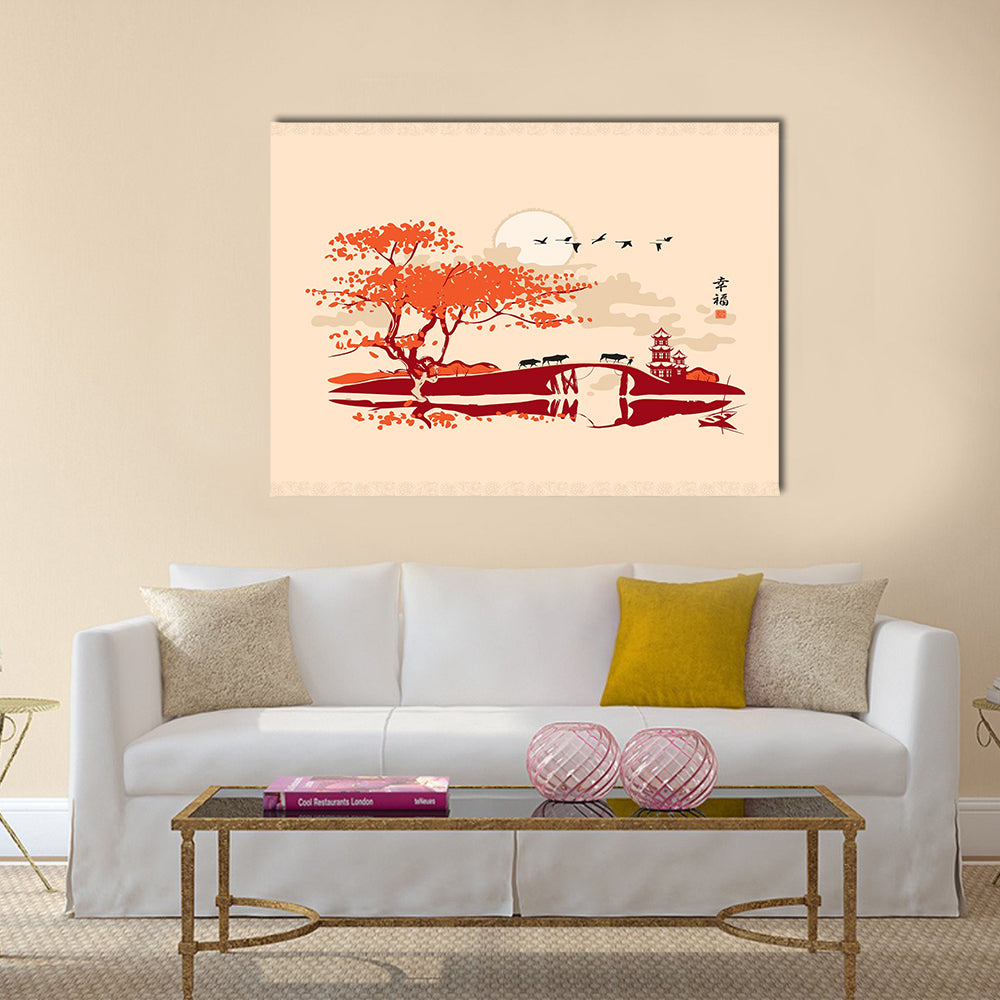 Chinese landscape with pagoda bridge and the frame of birds Multi Panel Canvas Wall Art