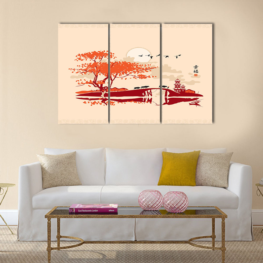 Chinese landscape with pagoda bridge and the frame of birds Multi Panel Canvas Wall Art
